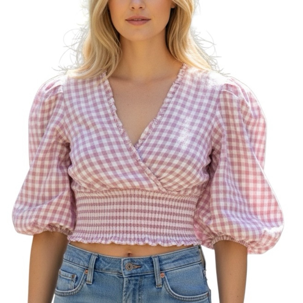 ABERCROMBIE & FITCH | NEW Pink White Gingham Smocked Crop Top size S Puff Sleeve